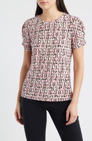 AK ANNE KLEIN Print Pleat Short Sleeve Top
