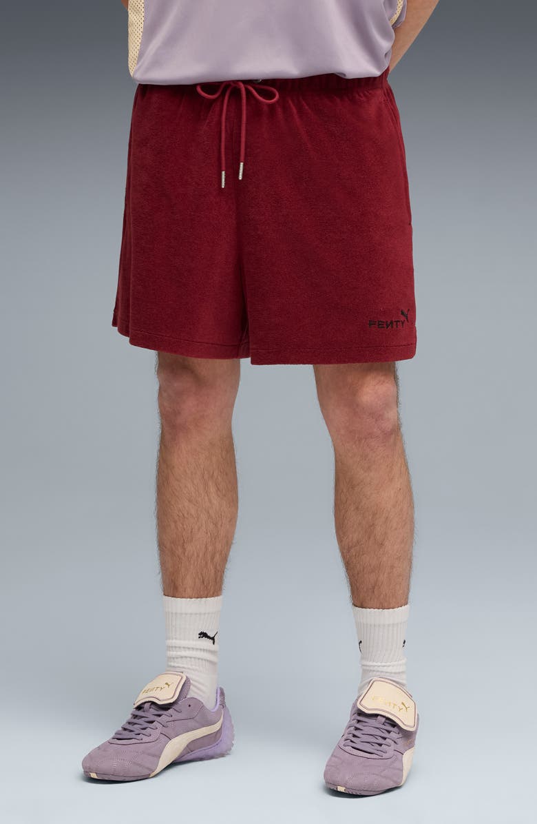 PUMA x Fenty Towel Cotton Blend Terry Track Shorts, Main, color, Team Regal Red