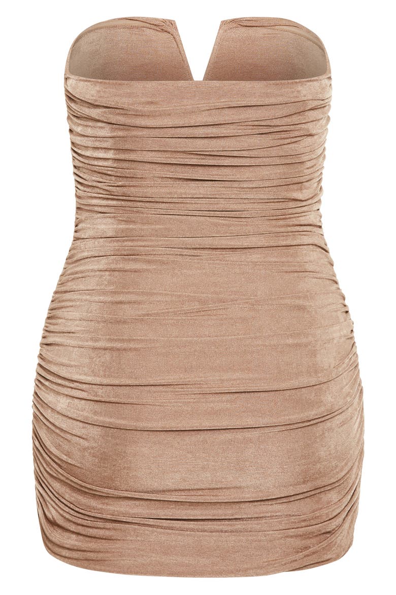 Iris Ruched Strapless Minidress, Alternate, color, TAUPE