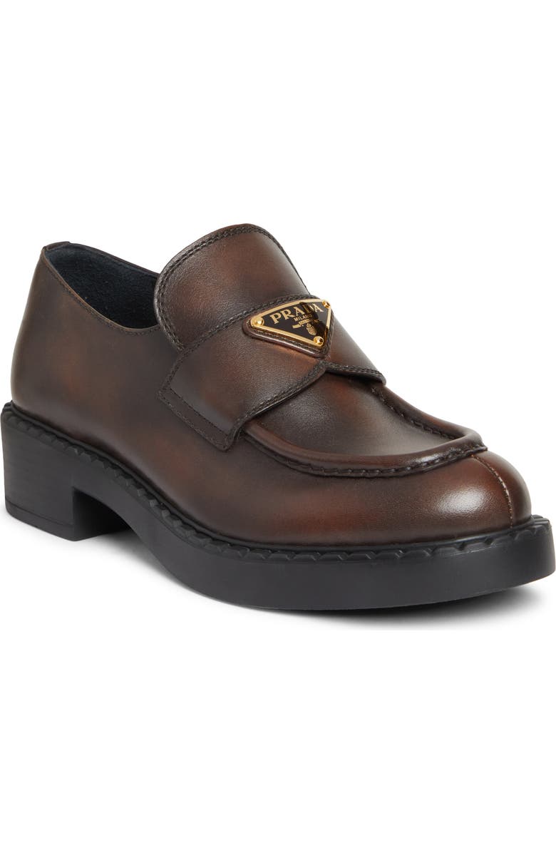 Prada Chocolate Logo Loafer, Main, color, Moro