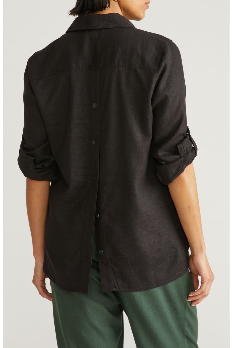 Button Back Linen Blend Polo, Alternate, color, BLACK