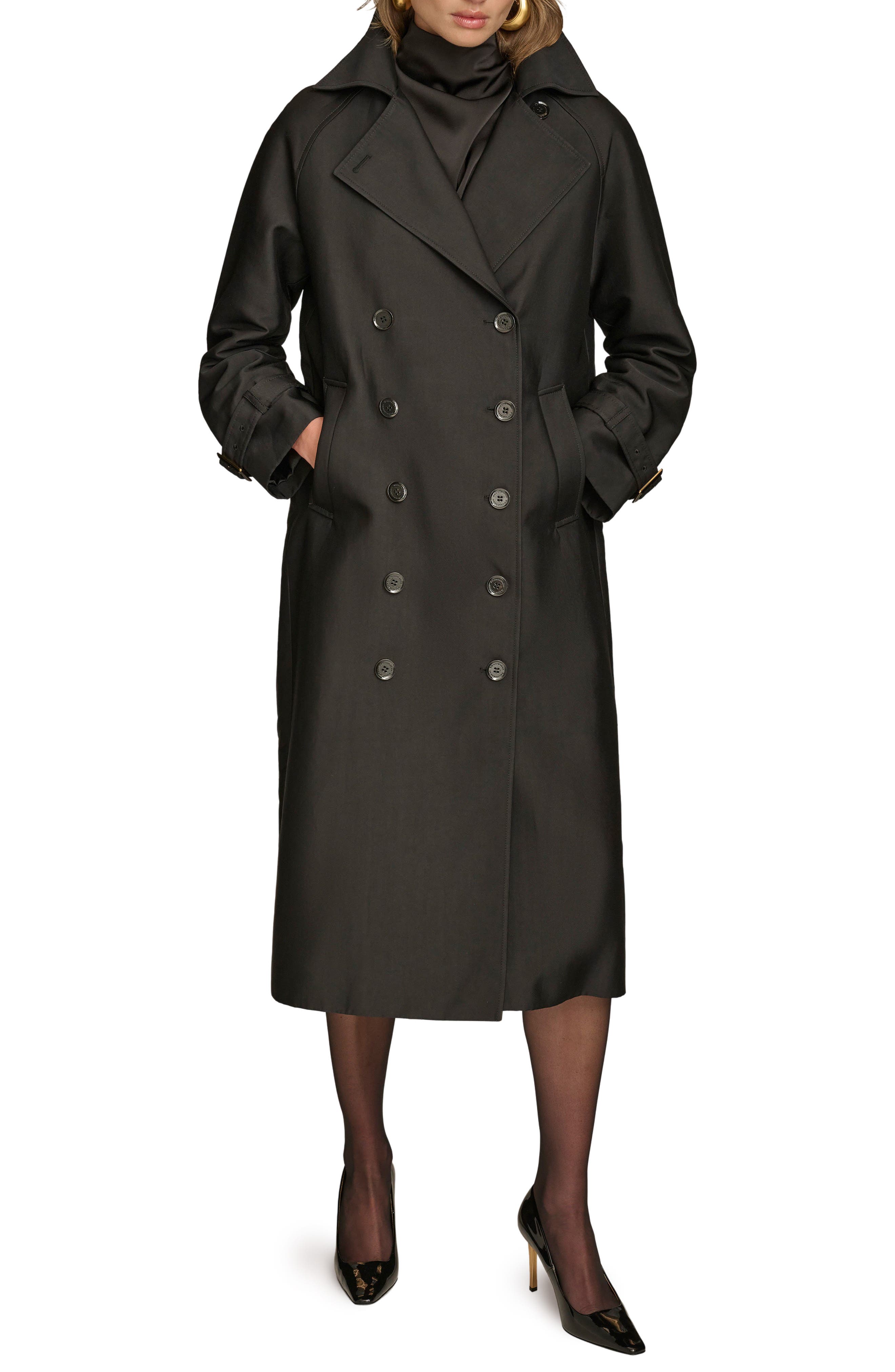 №849 DKNYブラックメルトン素材ダブルPコートキングサイズ48R Donna Karan New York Double Breasted Trench Coat (Women) | Nordstrom