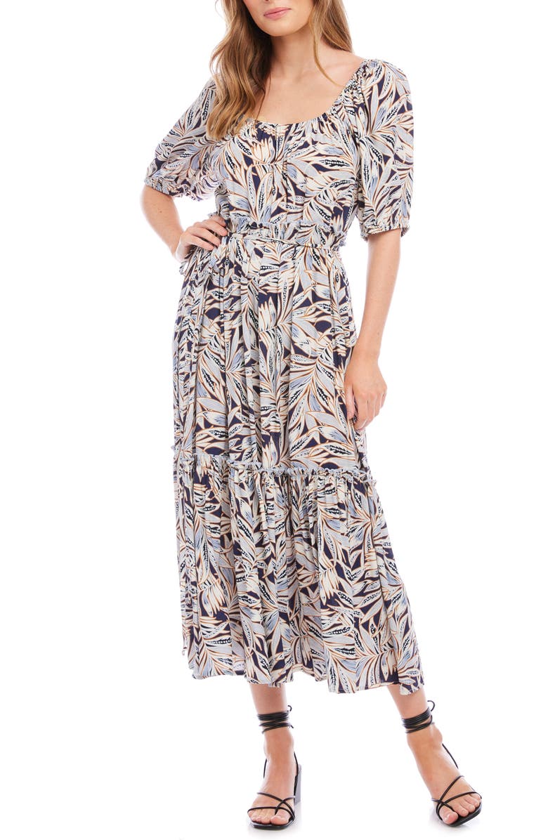 Karen Kane Palm Print Puff Sleeve Midi Dress, Main, color, Print