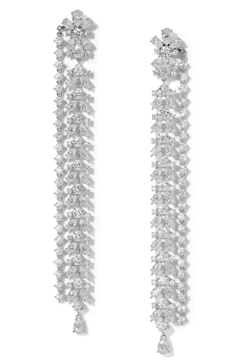 Starlet Extra Long Linear Drop Earrings, Main, color, RHODIUM
