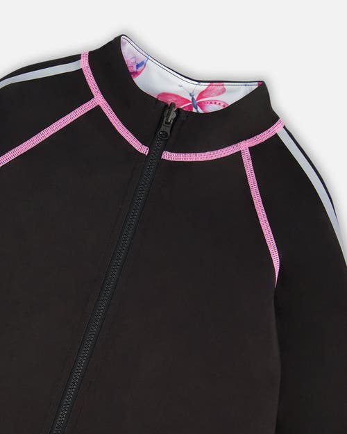 Deux Par Deux Little Girl's Printed Reversible Full Zip Athletic Cardigan Pink, Blue And Butterflies In Pink, Blue And Butterflies