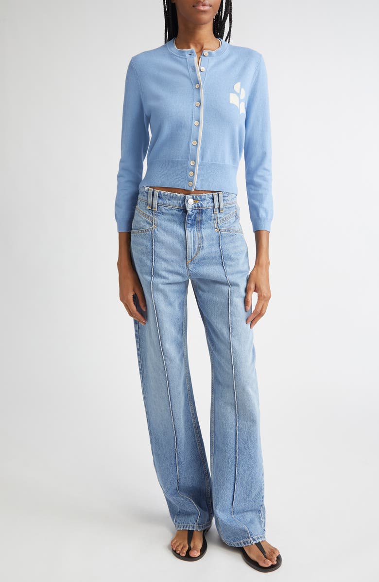 Isabel Marant Étoile Lona Intarsia Cotton & Wool Cardigan, Alternate, color, Dusky Blue/ Light Grey