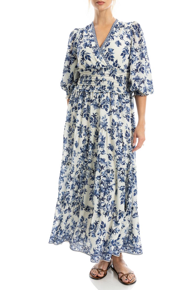 Surplice Neck Smocked Waist Maxi Dress, Alternate, color, CREAM/ BLUE PASSION BLOOMS
