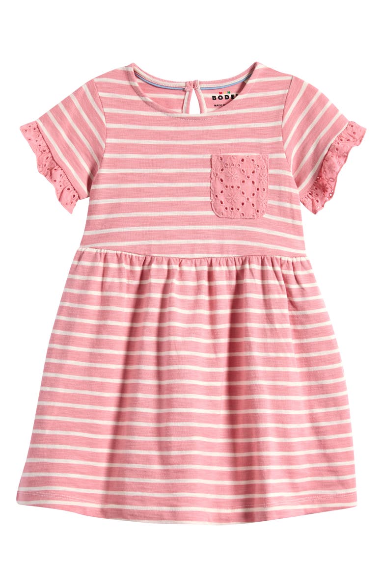 Mini Boden Kids' Eyelet Pocket Cotton Jersey Dress, Main, color, Almond Pink Stripe