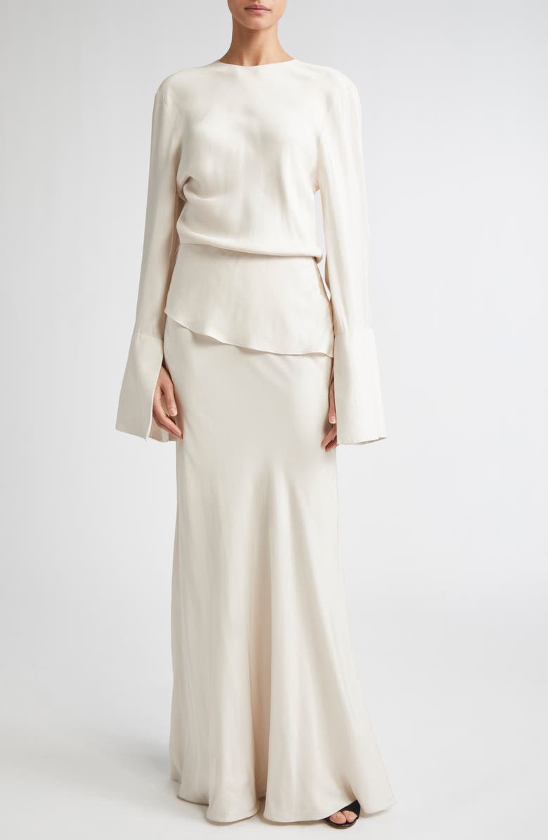 Brandon Maxwell The Violet Long Sleeve Twill Gown, Main, color, Pearl