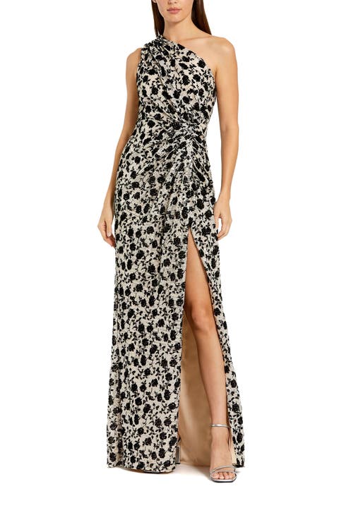 Women's One Shoulder Sequin Gown with Floral Velvet Detail