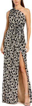 Mac Duggal Women's One Shoulder Sequin Gown with Floral Velvet Detail