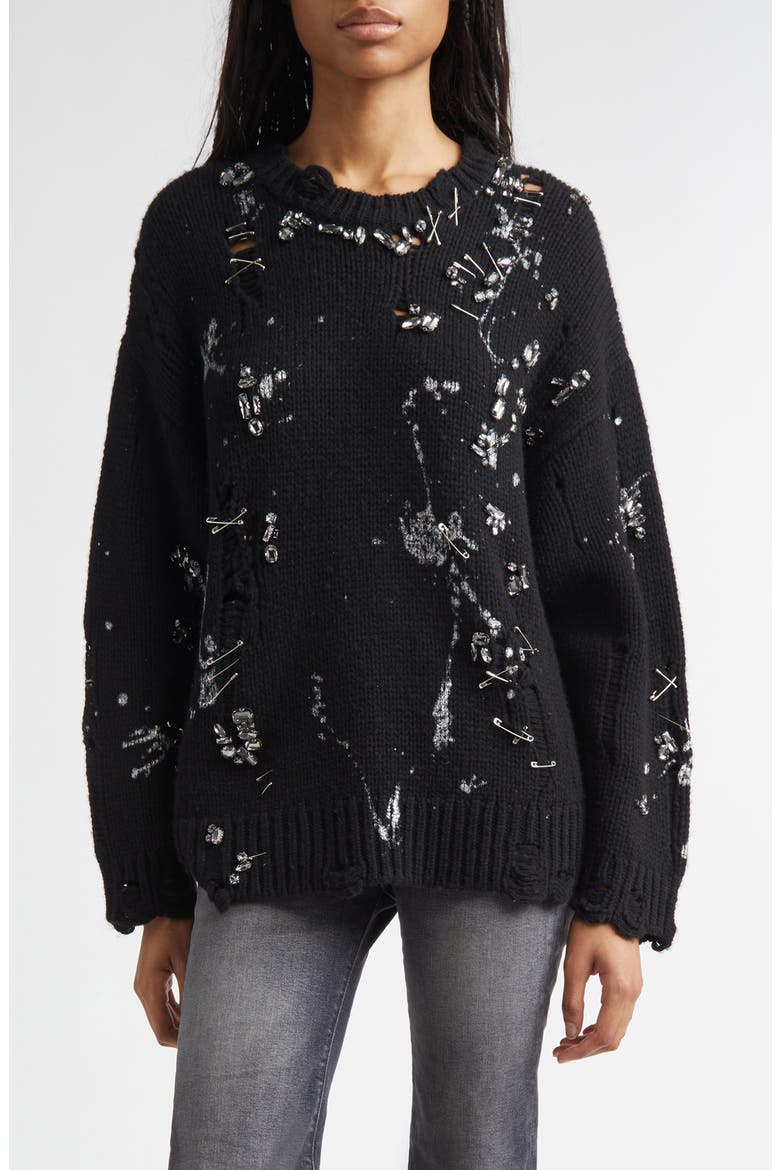 Oversize Safety Pin Embellished Merino Wool Sweater, Main, color, BLACK WITH CRYSTALS AND PINS