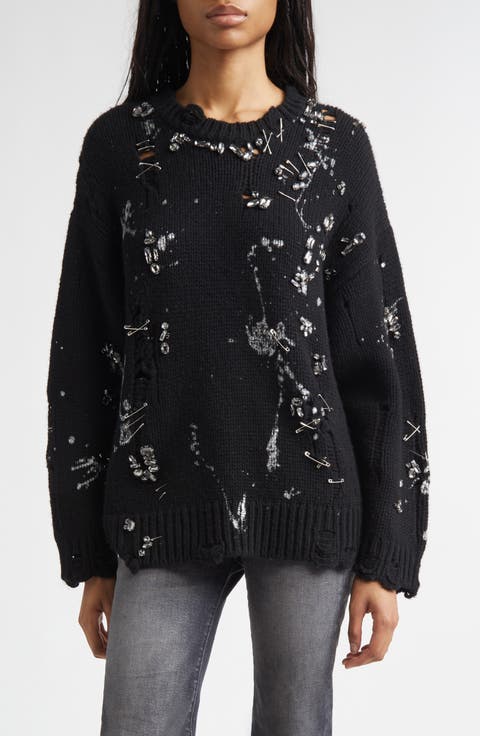 Oversize Safety Pin Embellished Merino Wool Sweater