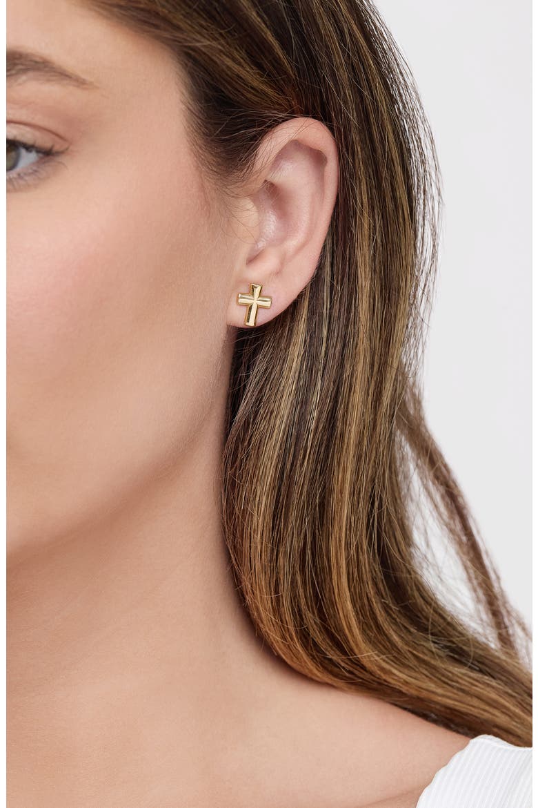14k Gold Cross Stud Earrings, Alternate, color, 14KY
