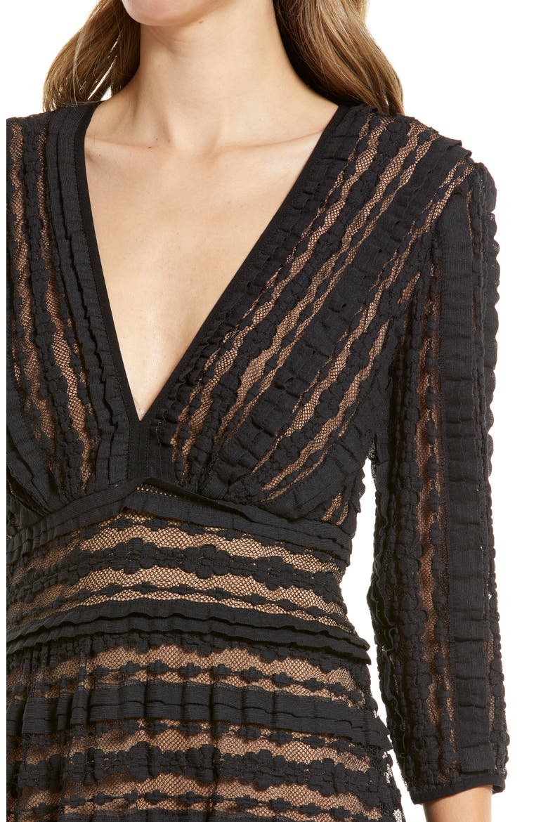 Tadashi Shoji Crinkle Lace Long Sleeve Dress, Alternate, color, BLACK/ NUDE