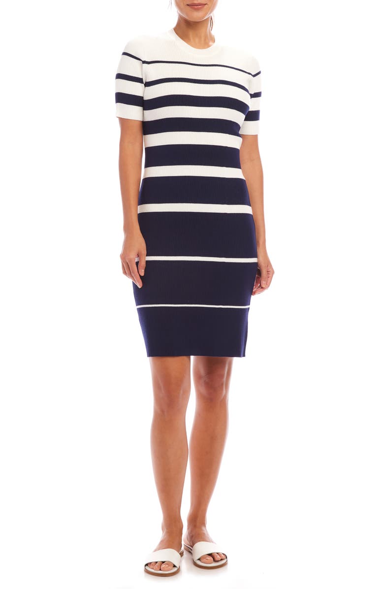 Karen Kane Rib Stripe Short Sleeve Sweater Dress, Main, color, Navy
