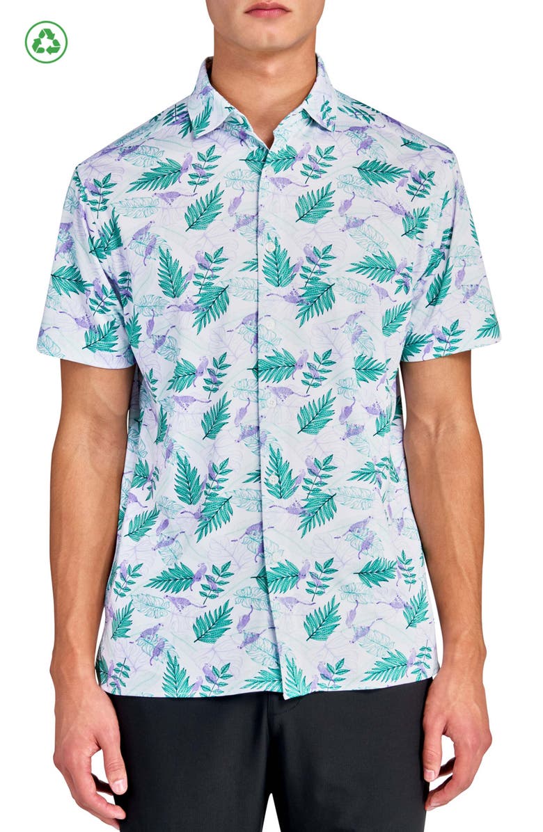 CONSTRUCT Regular Fit Cheetah Leaf Print Recycled Performance Golf Button-Down Shirt, Main, color, White