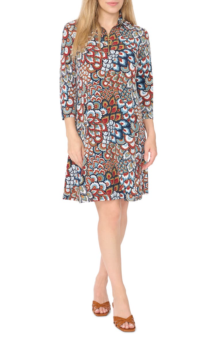 Print Stand Collar Ring Zip Swing Dress, Main, color, NAVY PEONY