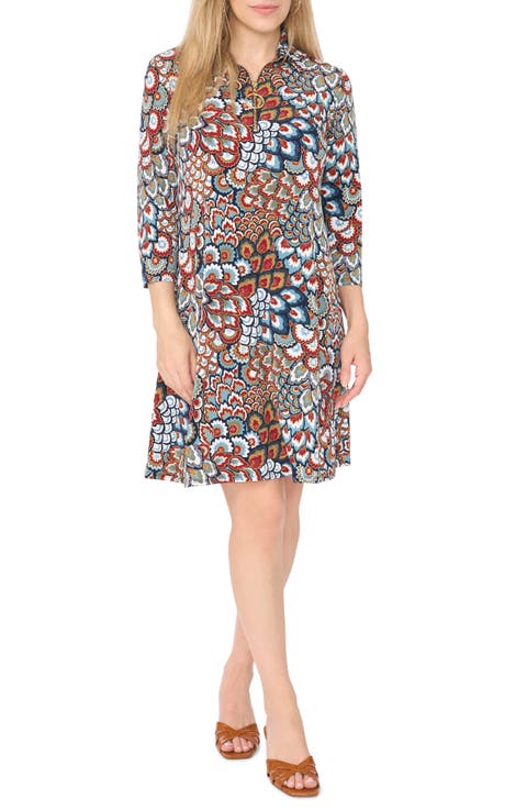 Print Stand Collar Ring Zip Swing Dress