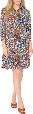 MSK Print Stand Collar Ring Zip Swing Dress