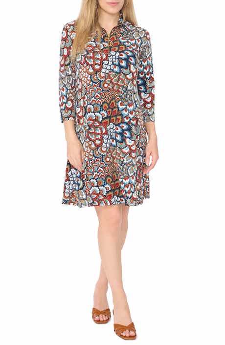 Print Stand Collar Ring Zip Swing Dress