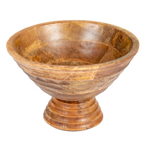 Boho Wood Pedestal Serving Bowl, Light Brown Finish
