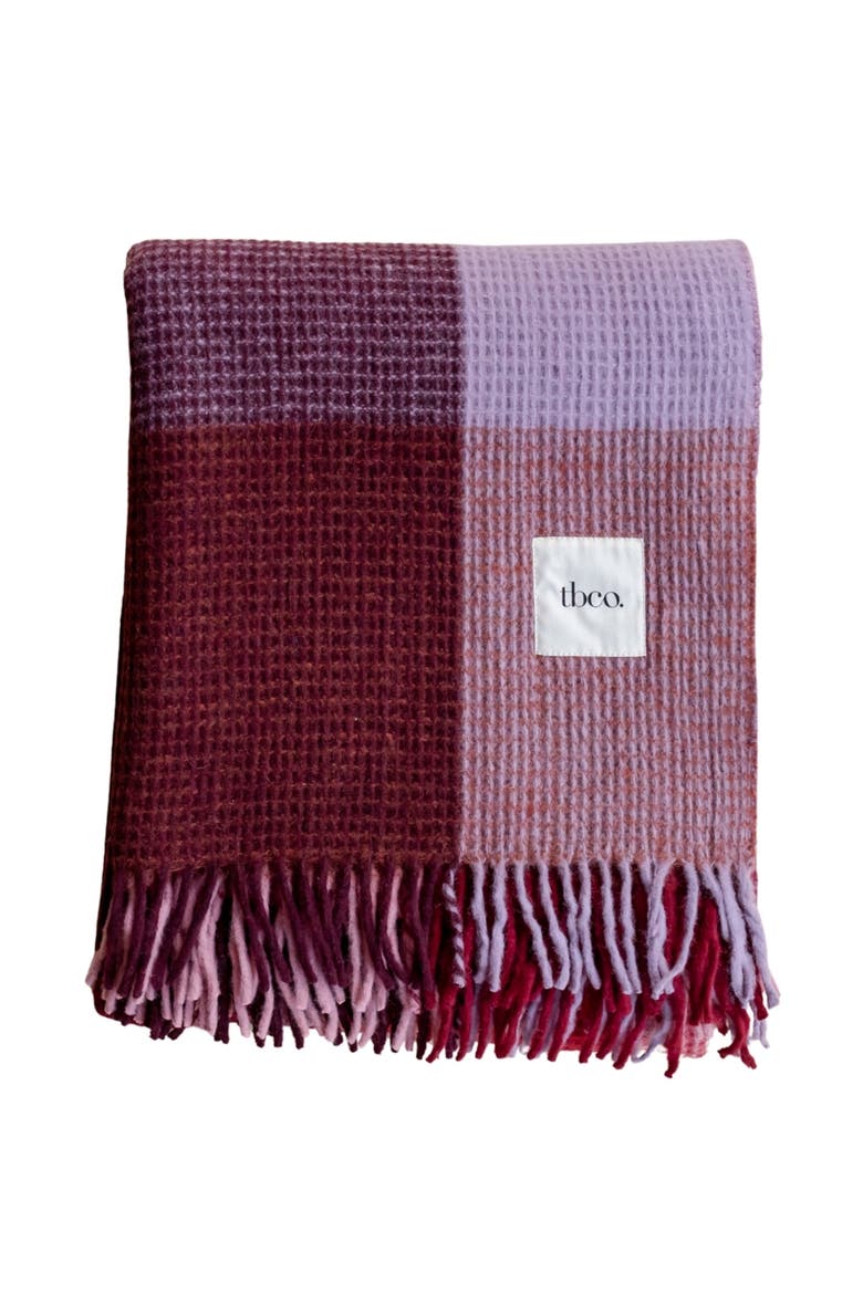 Recycled Wool Waffle Throw Blanket, Main, color, Burgundy Waffle Block Check
