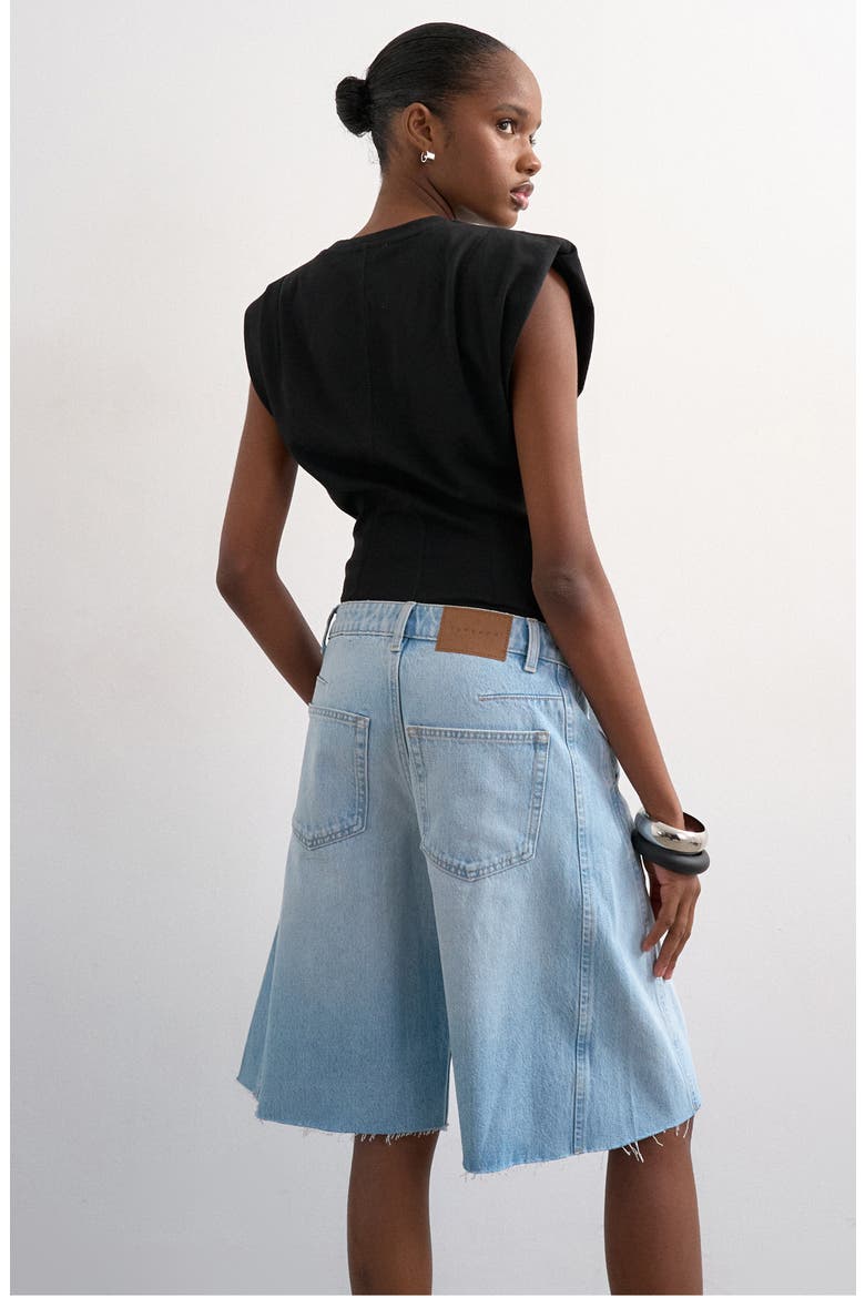 Raw Hem Knee Length Denim Barrel Shorts, Alternate, color, LBLUE