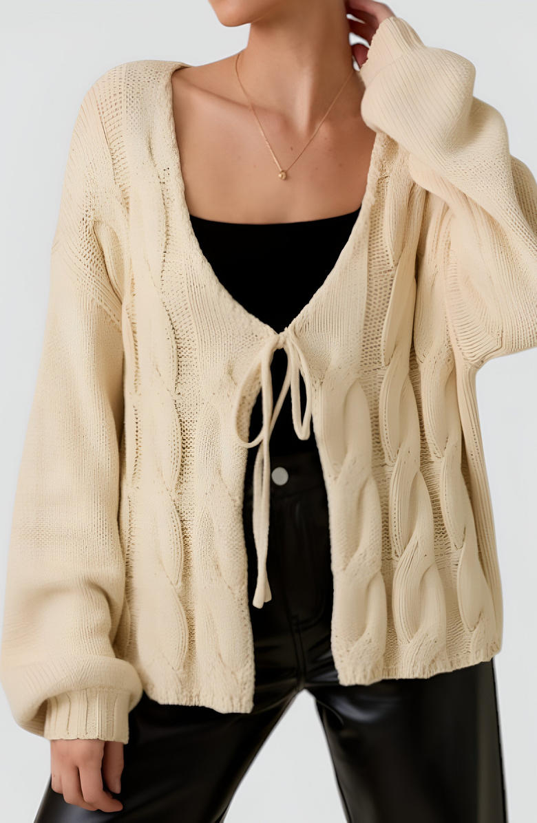 Modenaire Long Sleeve Cable Knit Tie Front Cardigan Sweater, Alternate, color,