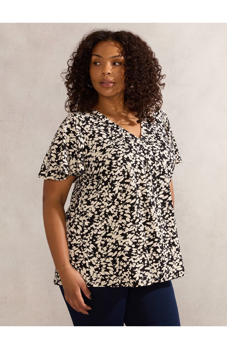 Live Unlimited Floral Print Jersey Pleat Front Top, Main, color, Black