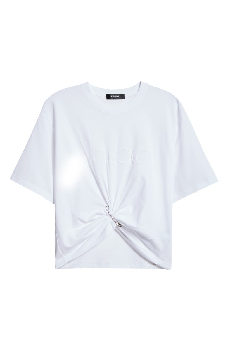 Versace Embroidered Logo Safety Pin Crop Cotton T-Shirt, Alternate, color, Optical White