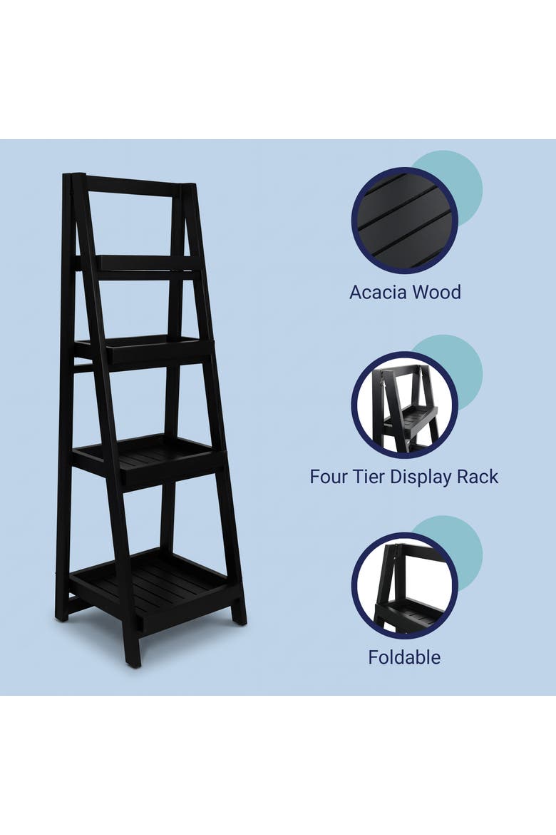 Everett Minimalist Handcrafted Acacia Wood 4-Tier Indoor/Outdoor Folding Display Ladder Storage Rack and Plant Stand, Alternate, color, Black