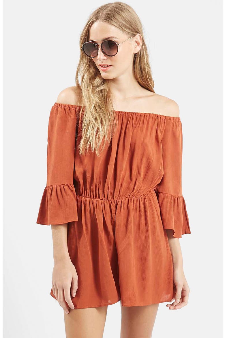 Crinkly Off the Shoulder Romper, Main, color, RUST