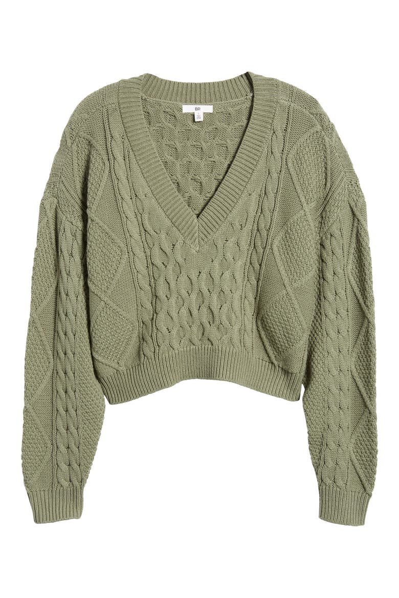 V-Neck Cable Knit Sweater, Alternate, color, GREEN DUNE