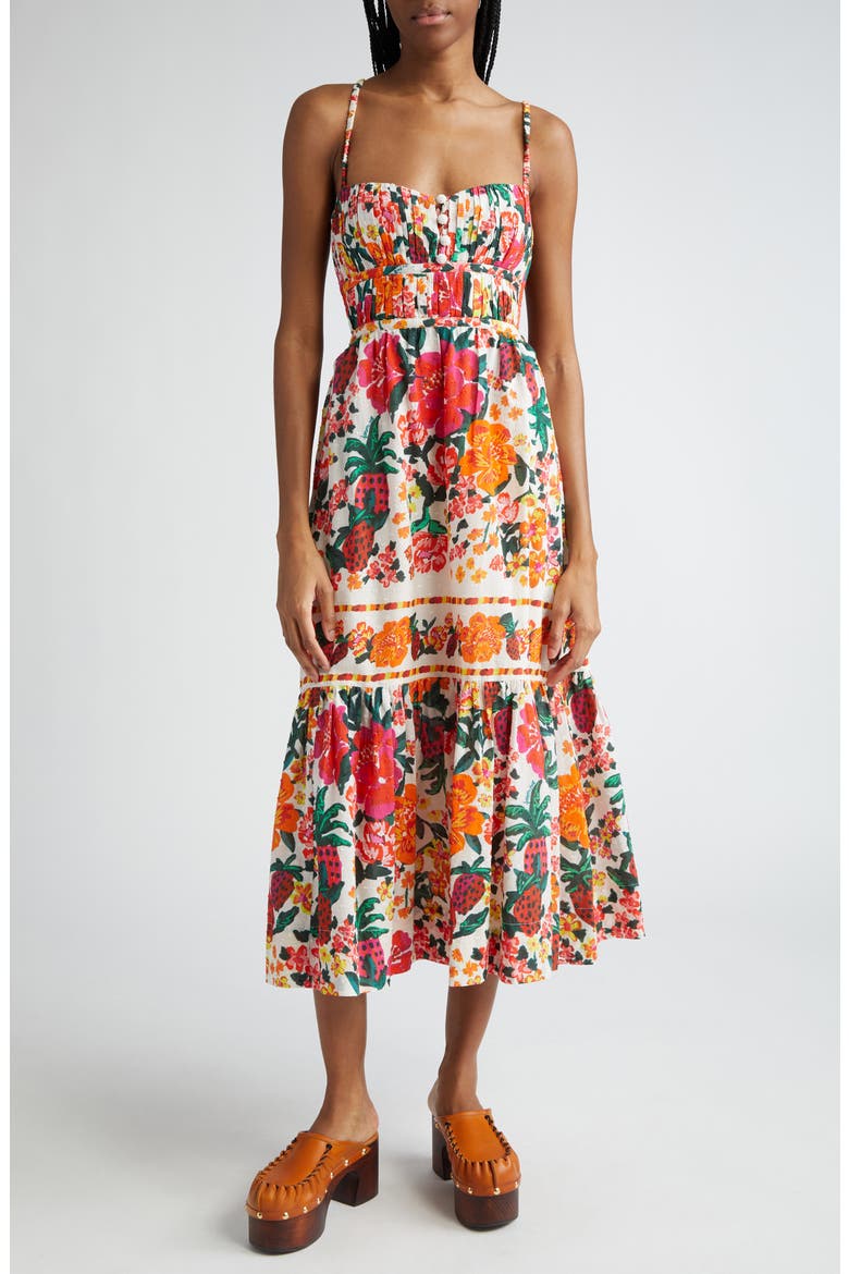 Floral Sketch Tiered Cotton Midi Dress, Main, color, FLORAL SKETCH WHITE