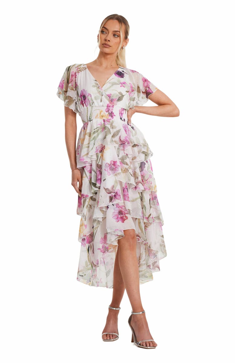 Floral Chiffon Tiered Smock Maxi Dress Beige