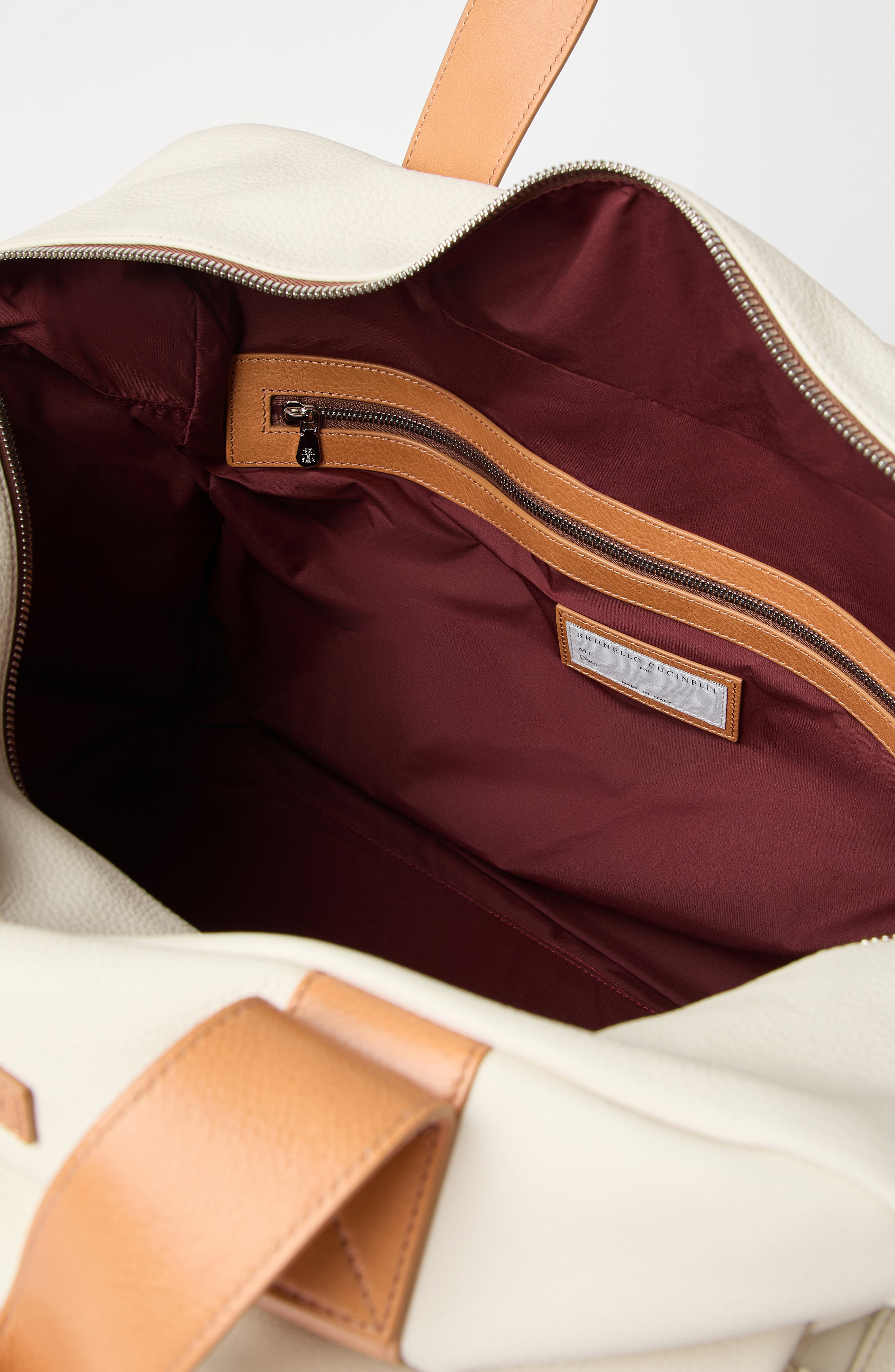 Brunello Cucinelli Calfskin and cowhide duffle bag, Alternate, color, Ivory