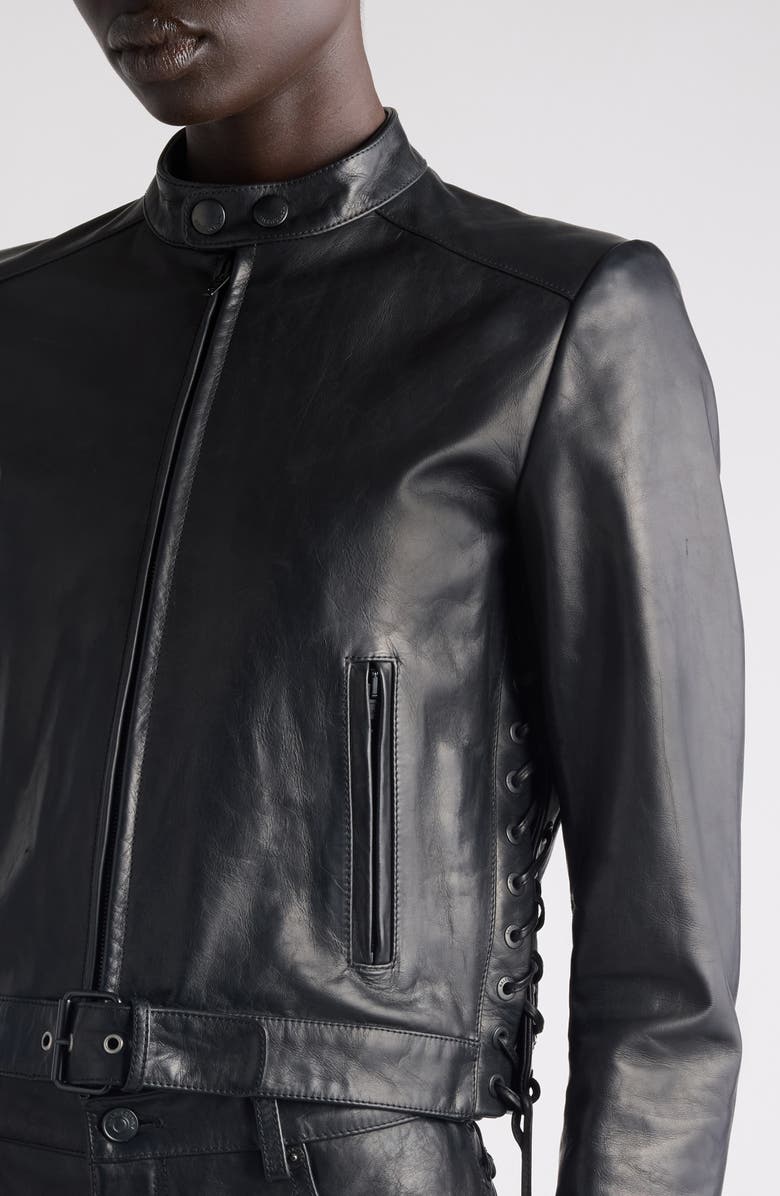 Balenciaga Lace-Up Leather Biker Jacket, Alternate, color, 1000 Black
