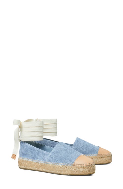 Tory Burch Bicolor Denim Ankle-wrap Espadrilles In Blue Cloud/naturale