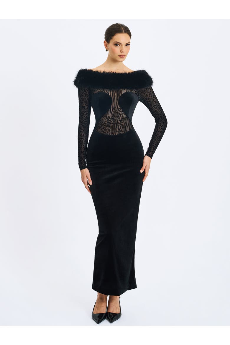 Alexis Faux Fur Boatneck Maxi Dress, Alternate, color, Black