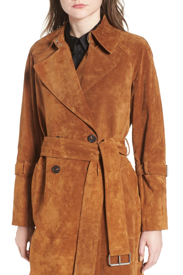 Genuine Suede Trench Coat, Alternate, color, BRANDY