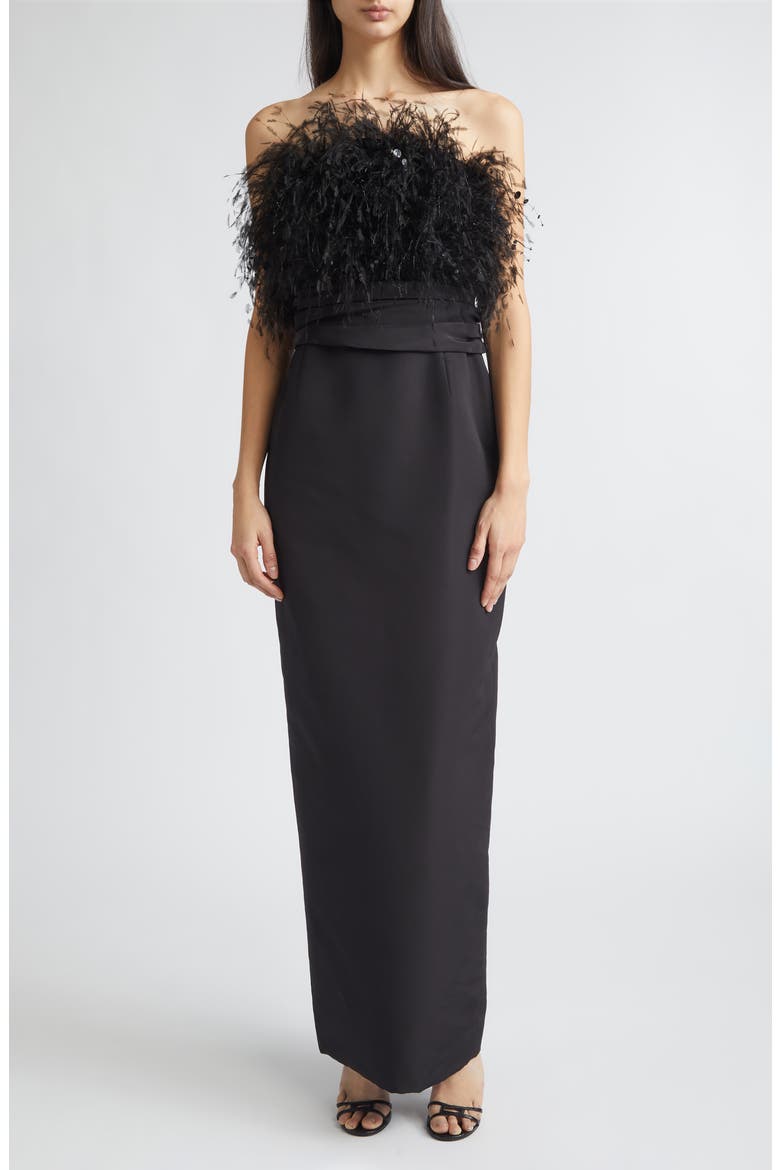 Feather Embroidered Point d'Esprit Strapless Silk Faille Gown, Main, color, BLACK
