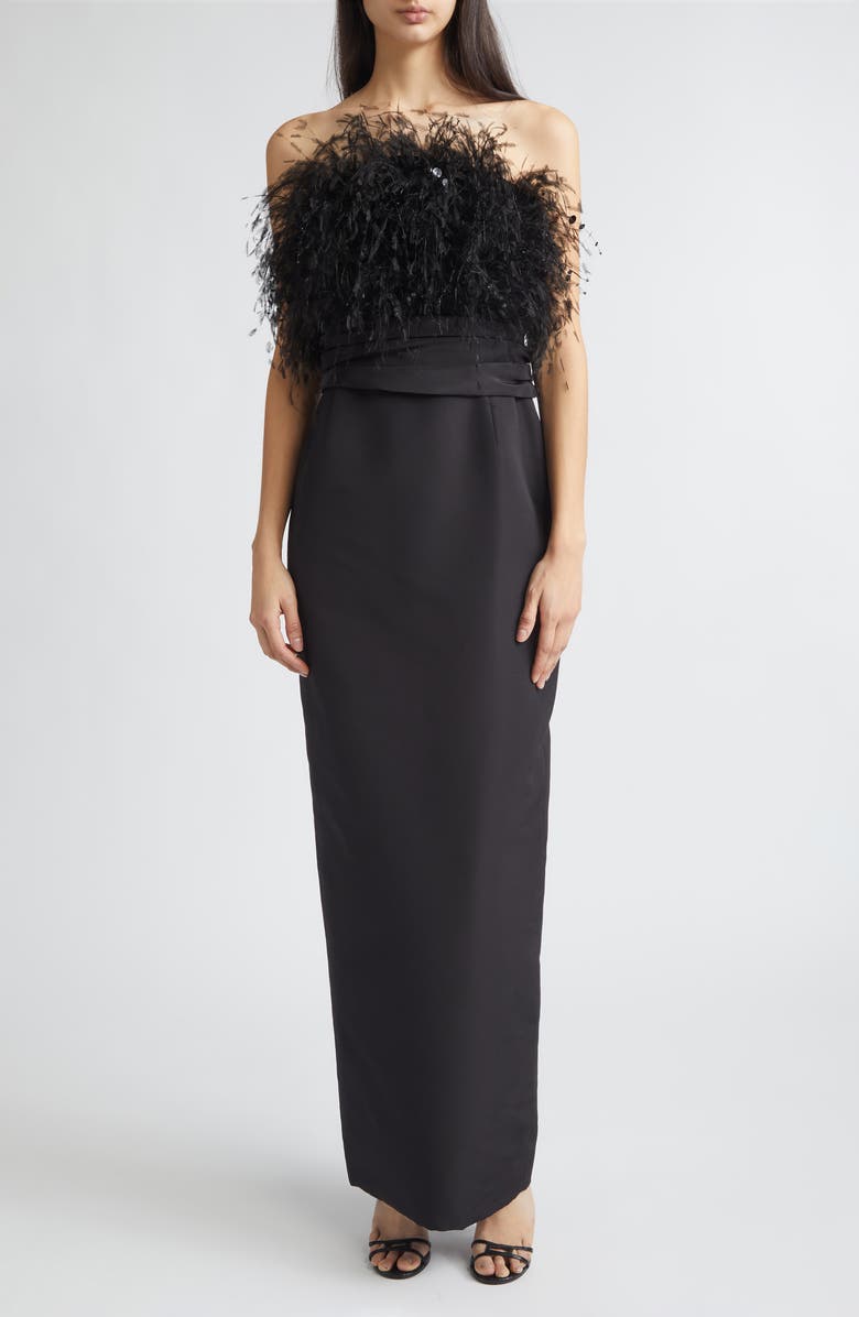 Oscar de la Renta Feather Embroidered Point d'Esprit Strapless Silk Faille Gown, Main, color, Black