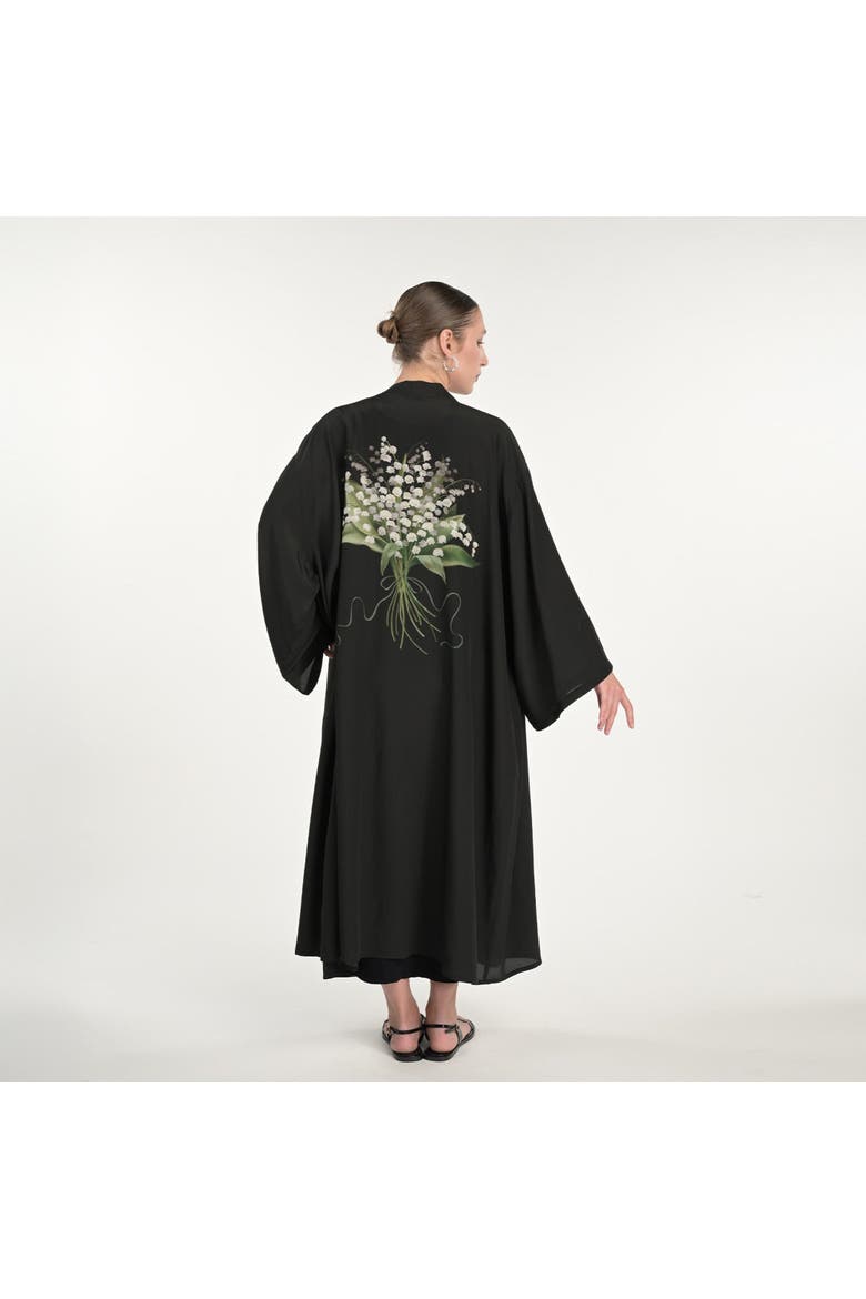 Lily Of The Valley Silk Robe, Alternate, color, Black