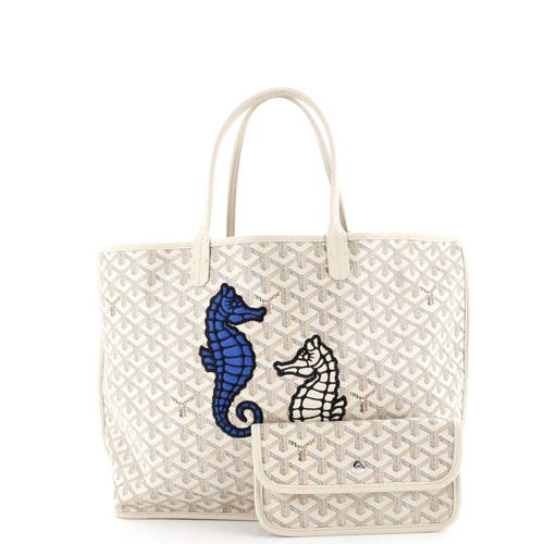 Pre-owned Goyard  Goyard Anjou Reversible Tote Embroidered Coated Canvas Pm In White