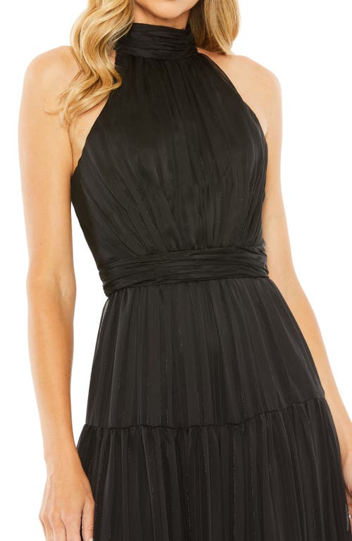 Mac Duggal Pleated Bodice Tiered Tie Neck Halter Gown In Black