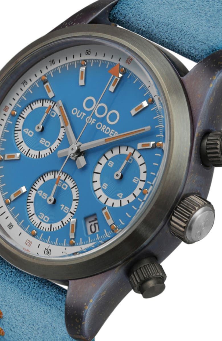 OUT OF ORDER Sporty Cronografo Chronograph Leather Band Watch, 40mm, Alternate, color, Light Blue