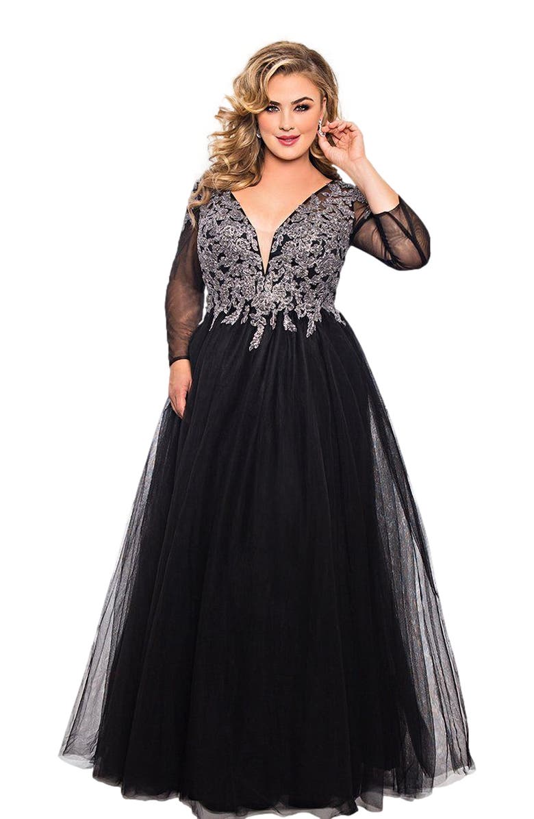 Sydney's Closet Long Sleeve V-neck Embroidered Lace A-Line Plus Size Gown, Main, color,