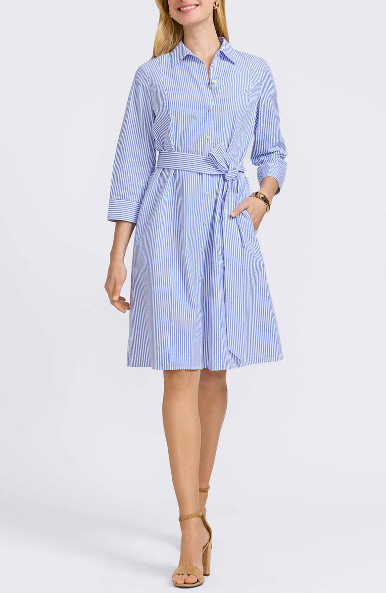 Foxcroft Fiona Stripe Belted Cotton Seersucker Shirtdress, Main, color, Blue/ White