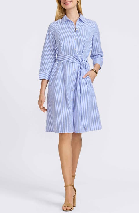 Fiona Stripe Belted Cotton Seersucker Shirtdress